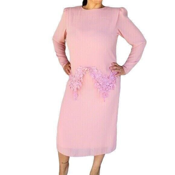 Vintage Ursula Pink Chiffon Tiered Floral Crochet Lace Trim Formal Party Dress - Picture 1 of 8